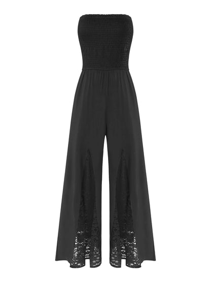 Women Strapless Jumpsuit Bandeau Elastic Bodice Sheer Floral Lace Patchwork Wide Leg Romper for Beach Vacation Party