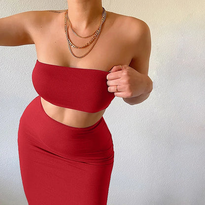 Hugcitar Women Elegant 2 Pcs Sets Strapless Sexy Tube Crop Tank Top Maxi Skirt 2025 Summer Women Casual Clothes Party Festival