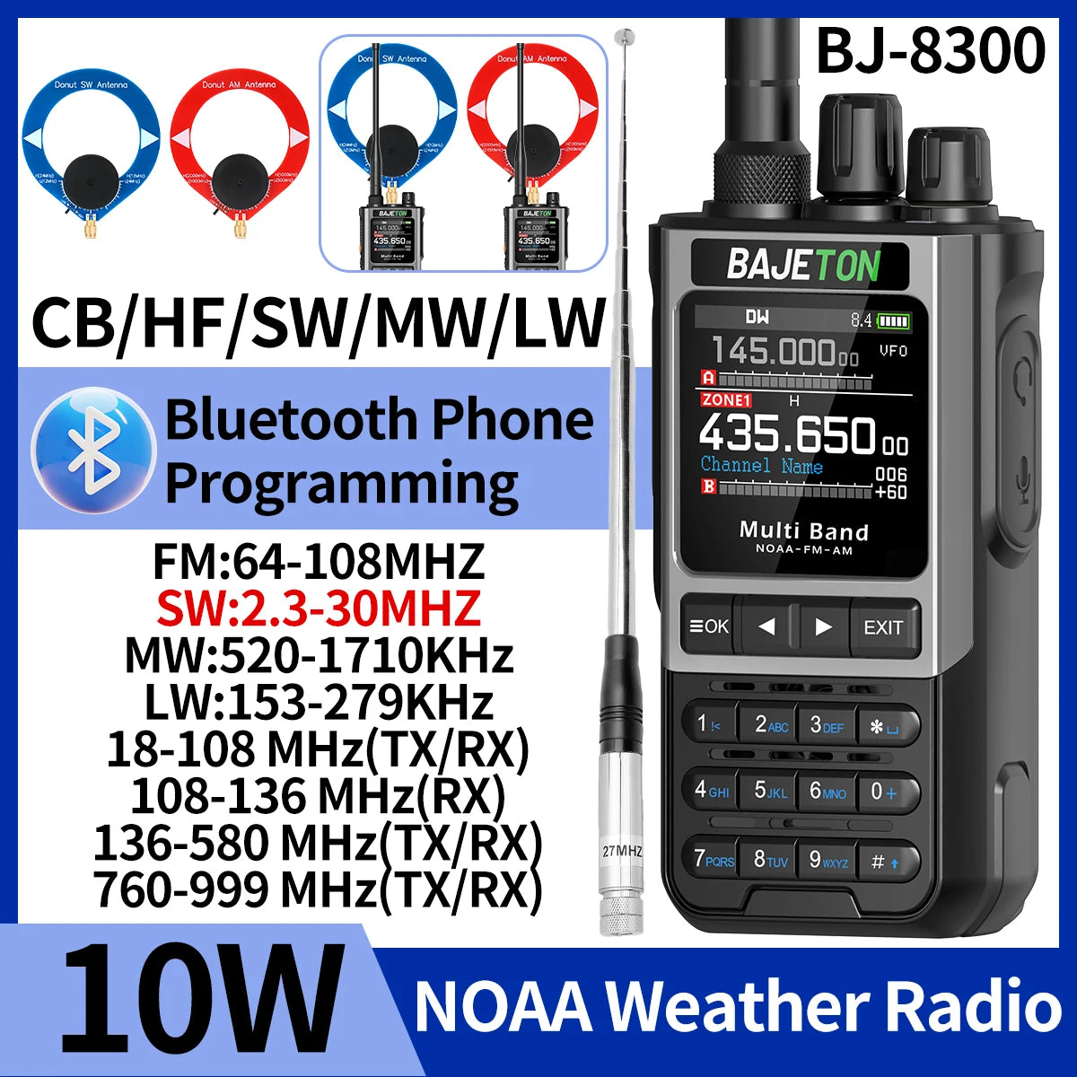 BAJETON BJ-8300 Ham Radio SW AM SSB CB Amateur Wireless Bluetooth Phone Programming Walkie Talkie NOAA Handheld Two Way Radio