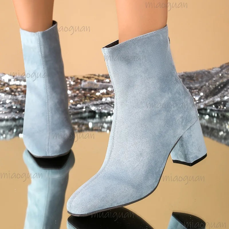 Modern Design Women's Heeled Ankle Boots Chunky Heel Square Toe Suede Multi Color Fashion Booties 2025 Autumn Winter Botas Mujer