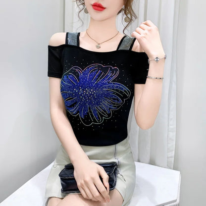 High Quality Elasticity Clothes Fashion T-Shirts Women's Sexy Off Shoulder Shiny Diamonds Mesh Tops Summer Tees Shirt