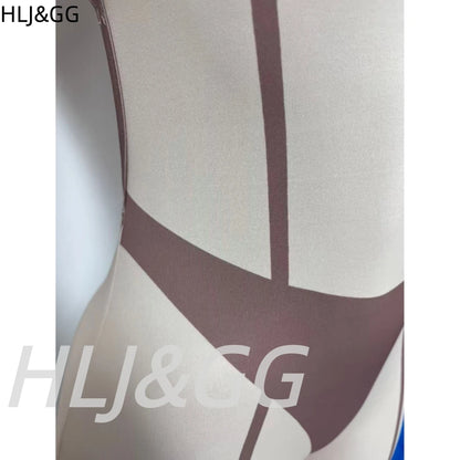 HLJ&GG White Spring New Color Splicing Bodycon One Piece Jumpsuits Women Sleeveless Backless Slim Sporty Playsuit Casual Overall