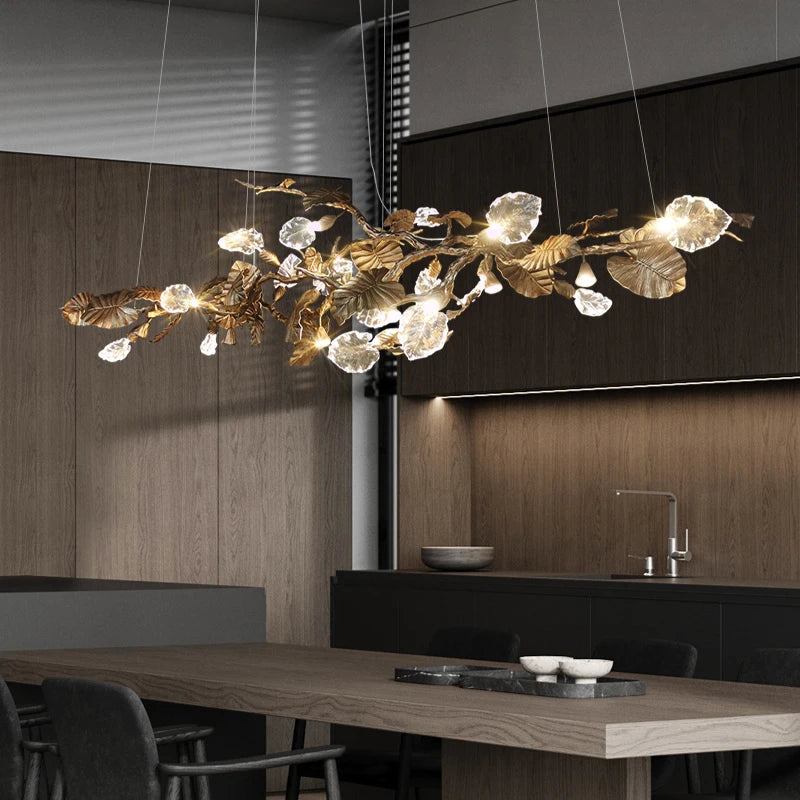 Luxury Copper Branch Chandelier Dining Table Retro Restaurant Light with Leaf Crystal Pendant Lamp Living Room Bar Kitchen Vila