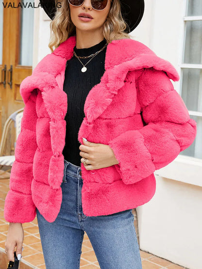 2026 Autumn Winter Turndown Collar Faux Fur Coat Women Casual Long Sleeve Fluffy Plush Jacket Khaki Thick Fake Fur Warm Cardigan