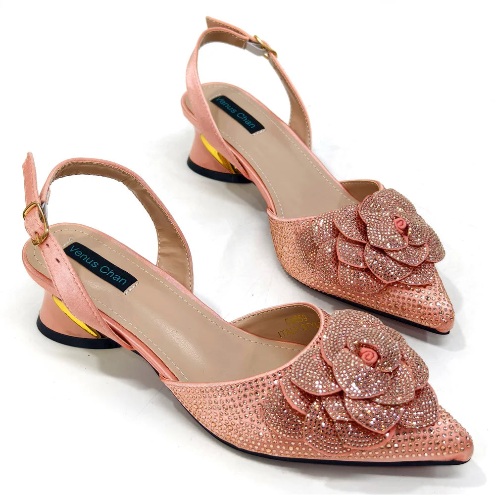 Italian Design Evening Shoes And Bags Paired With Handmade Petal Gold Colour Pointed Toe Mid-Heel Shoes For Women Party Shoes