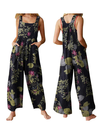 Women Plus Sizes Jumpsuit Leaf Floral Print Square Neck Sleeveless Fashion Casual Overalls with Pockets
