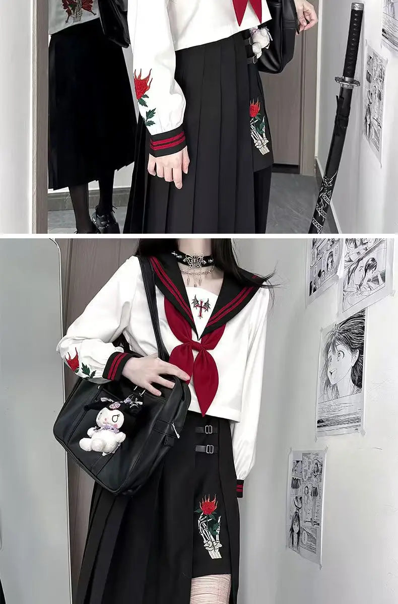 Dark Japanese Bad JK Uniform Long-sleeved Girl Orthodox Sailor Suit Role Play Handsome Long Skirt School Uniform Embroidery