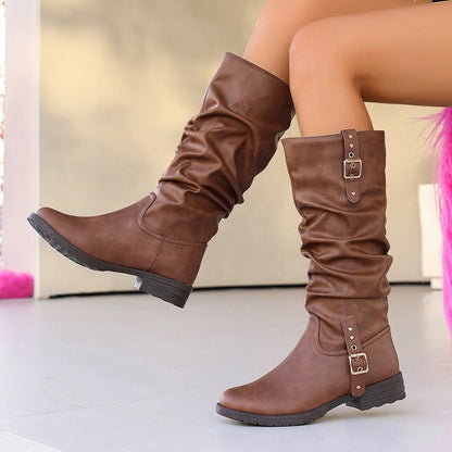 New Autumn Winter Vintage Women Knee High Boots Double Metal Buckle Thick Heels 3CM Knight Boots Casual Pull On Long Boots Shoes