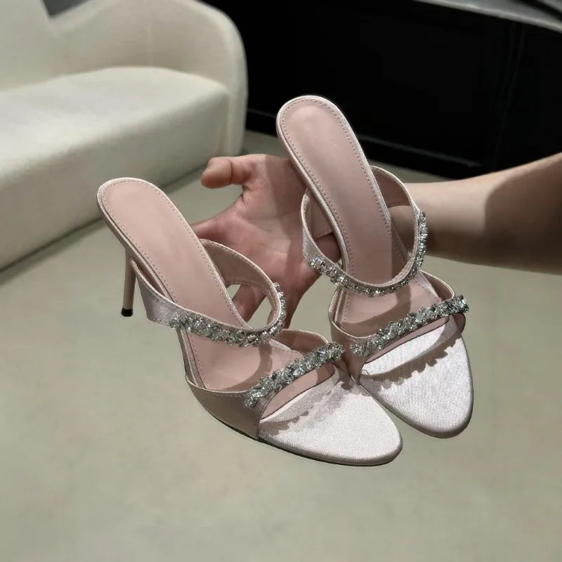 Summer New Women Shoes Luxury Rhinestone High Heeled Sandals for Woman Elegant French Casual Shoe Designer Shoes Sandalias Mujer