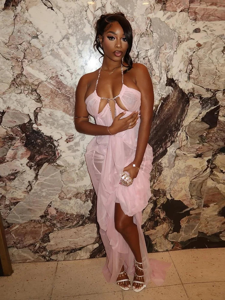 Nibber Prom Party Gown Dress Woman Sexy See Through Luxury Chain Halter Low-Neck Backless Sleeveless Midnight Elegant Vestidos