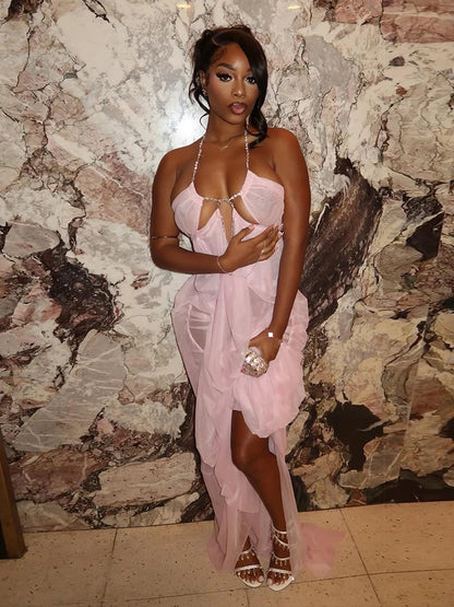 Nibber Prom Party Gown Dress Woman Sexy See Through Luxury Chain Halter Low-Neck Backless Sleeveless Midnight Elegant Vestidos