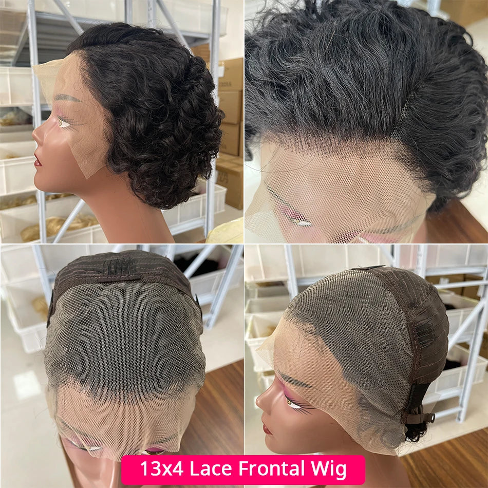 13x4 Lace Frontal Wigs Human Hair Pixie Cut 180% Density Black Color Water Wave Short Pixie Cut Wigs for Women Preplucked