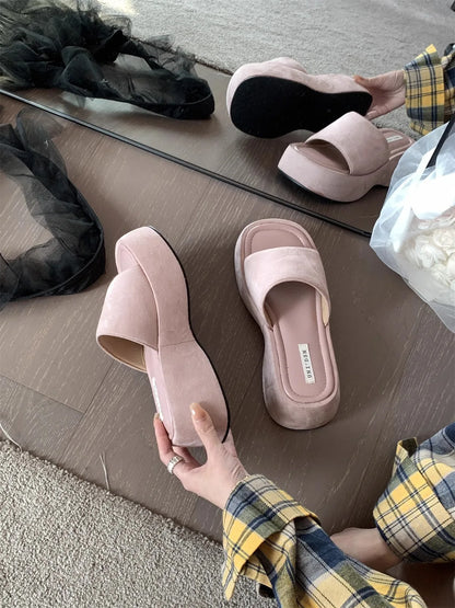 Women Platform Slippers Fashion Wedge Heeled Sandals Luxury Suede Casual Slides Summer New Beach Shoes for Women Sandalias Mujer