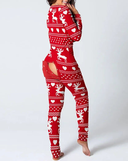 New Women Pajamas Sexy V-neck Jumpsuit Plaid Casual Long Sleeve Pyjama Button-down Front Functional Buttoned Flap Sleepwear