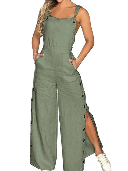 Wmstar Jumpsuit Women Clothing Slip Sleeve Romper Button Side Slip Hem New in Fall Fashion Pockets Pants Wholesale Dropshipping