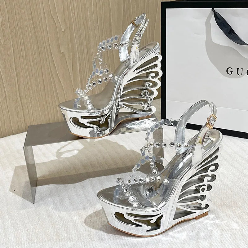 15cm Buckle Strap Sexy Ladies High Heels Strange Style Summer Novelty Hollow Out Wedge Platform Sandals Nightclub Women Pumps