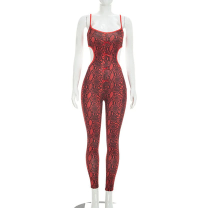 FLARORA Sexy Serpentine Print Jumpsuits Woman Hipster Sling Hollow Backless Skinny Jumpsuit Hottie Party Club Street Overalls