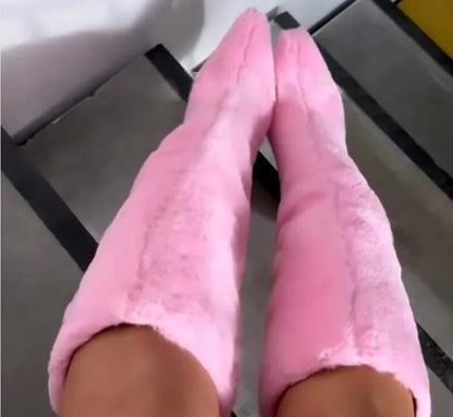 Lemon Yellow Fur Knee High Boots Women Full Fluffy Fur Pointed Toe Orange High Heels Winter Boots Female Fashion Warm Snow Shoes