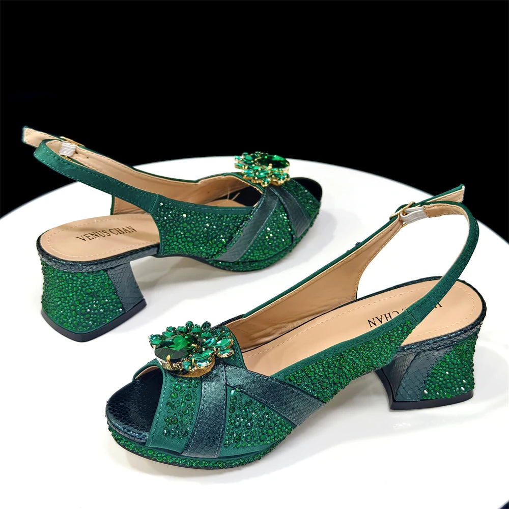 2025 Elegant Women's Peep-Toe Heels and Matching Wine Color Diamond Pumps Set - Stylish Italian Shoes and Bags for Parties