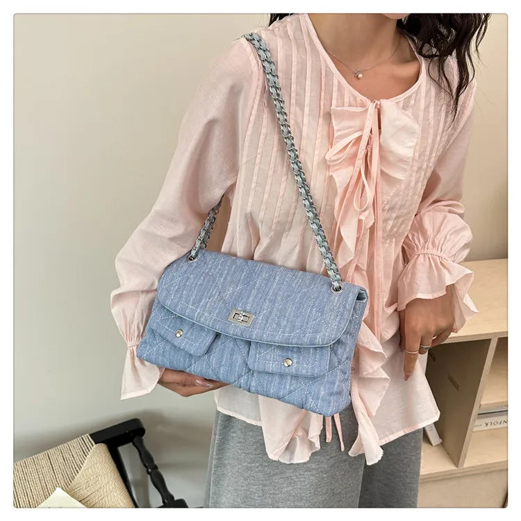 Korean Brand Shoulder Bag 2026 New Denim Side Bags for Women Ladies Crossbody Solid Fashion Chain Designer Daily Commuter City