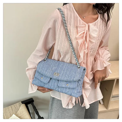 Korean Brand Shoulder Bag 2026 New Denim Side Bags for Women Ladies Crossbody Solid Fashion Chain Designer Daily Commuter City