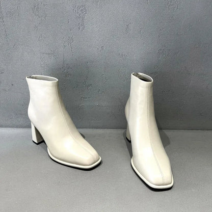 Concise Female Genuine Leather Square Toe Chunky Heel Ankle Boots Versatile Solid Color Cowhide Zipper Hard Wearing Footwear