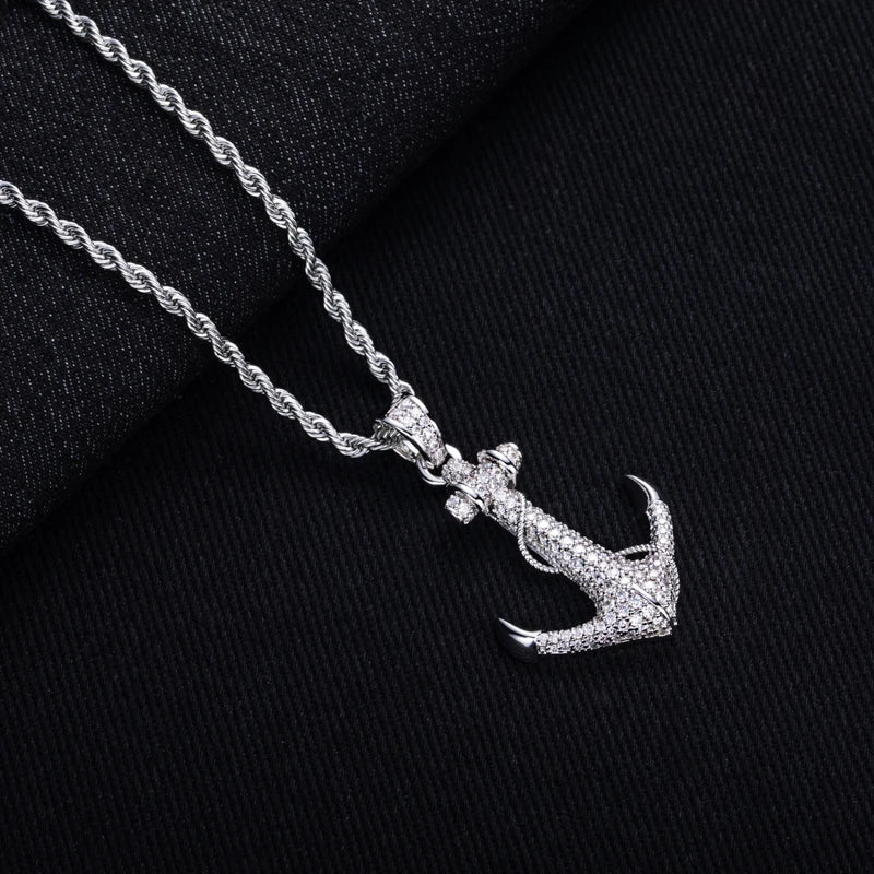 MossanRappr 2.28cttw Moissanite Iced Out Anchor Pendant 14K Gold Plated Hip Hop Necklace for Men & Women Shiny Party Accessory