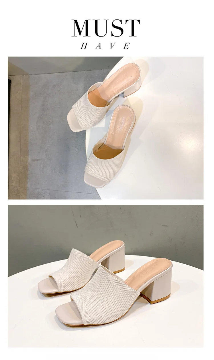 Women's Luxury Casual Soft High Heel Sandals Black Mules Summer Slippers Outdoor Shoes Open Toe