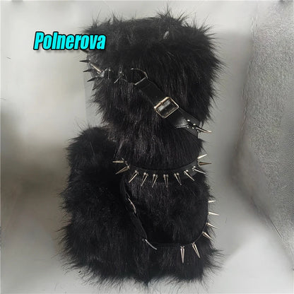 Black Fur Platform Knee High Boots for Women Punk Rivet Belt Buckle Strap Snow Boots Winter Warm Fashion Y2K Girl Shoes Big Size