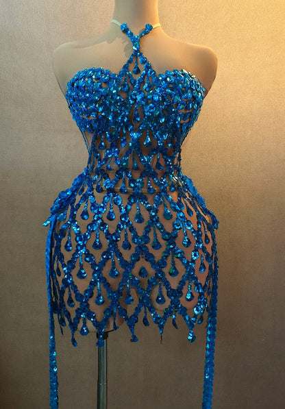 Sparkly Blue Crystals Sequins Sexy Mesh Transparent Halter Dress for Women Party Birthday Dress Singer Dancer Stage Wear