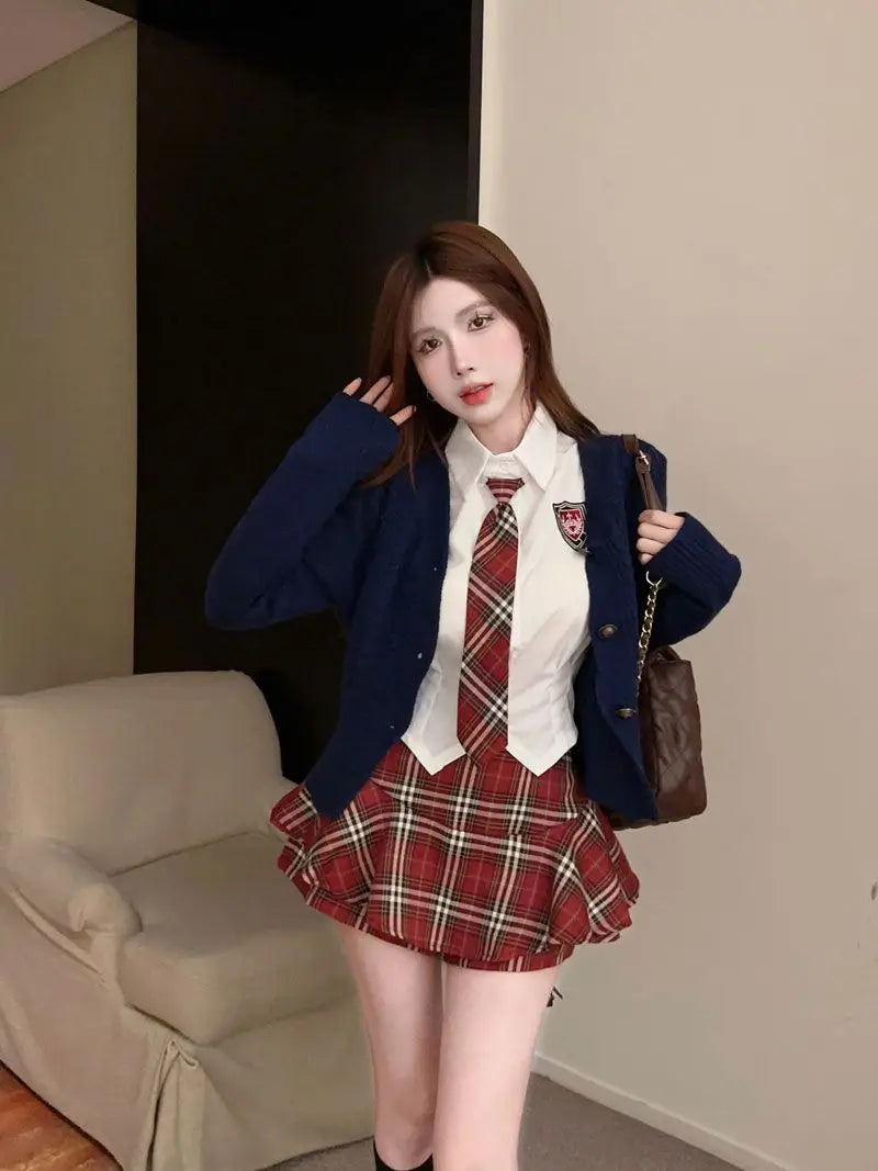 2025 improved cute sexy korea jk suit women autumn jk school uniform women shirt plaid pleated half skirt fashion two-piece set