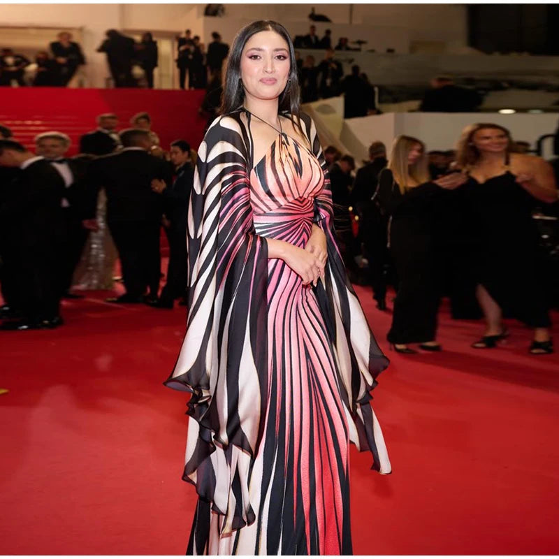 Chic Gradient Stripe Halter Dress Women Butterfly Sleeve Backless Slim Floor-length Dresses 2026 New Lady Party Evening Gown ﻿