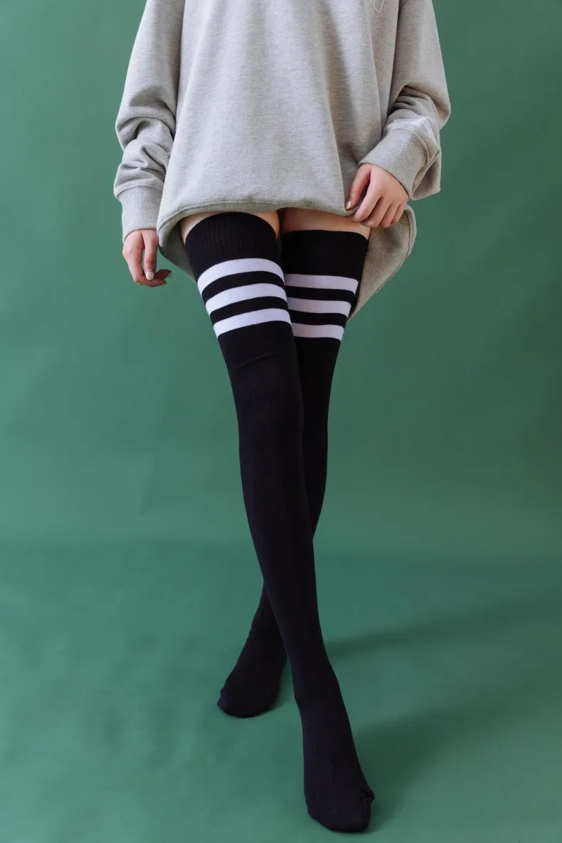 1/2 Pairs Women Over The Knee Socks Cotton Thigh High Socks Black White Blue Colorful Striped Pattern Fashion Casual Daily Wear