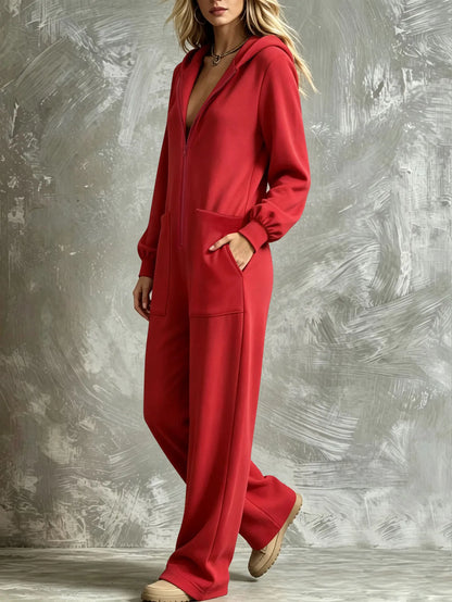 Autumn New Fashion Hooded Zipper Women's Jumpsuit Casual Loose Jumpsuit Straight Pants Pocket Rompers Lazy Female Home Wear 2026