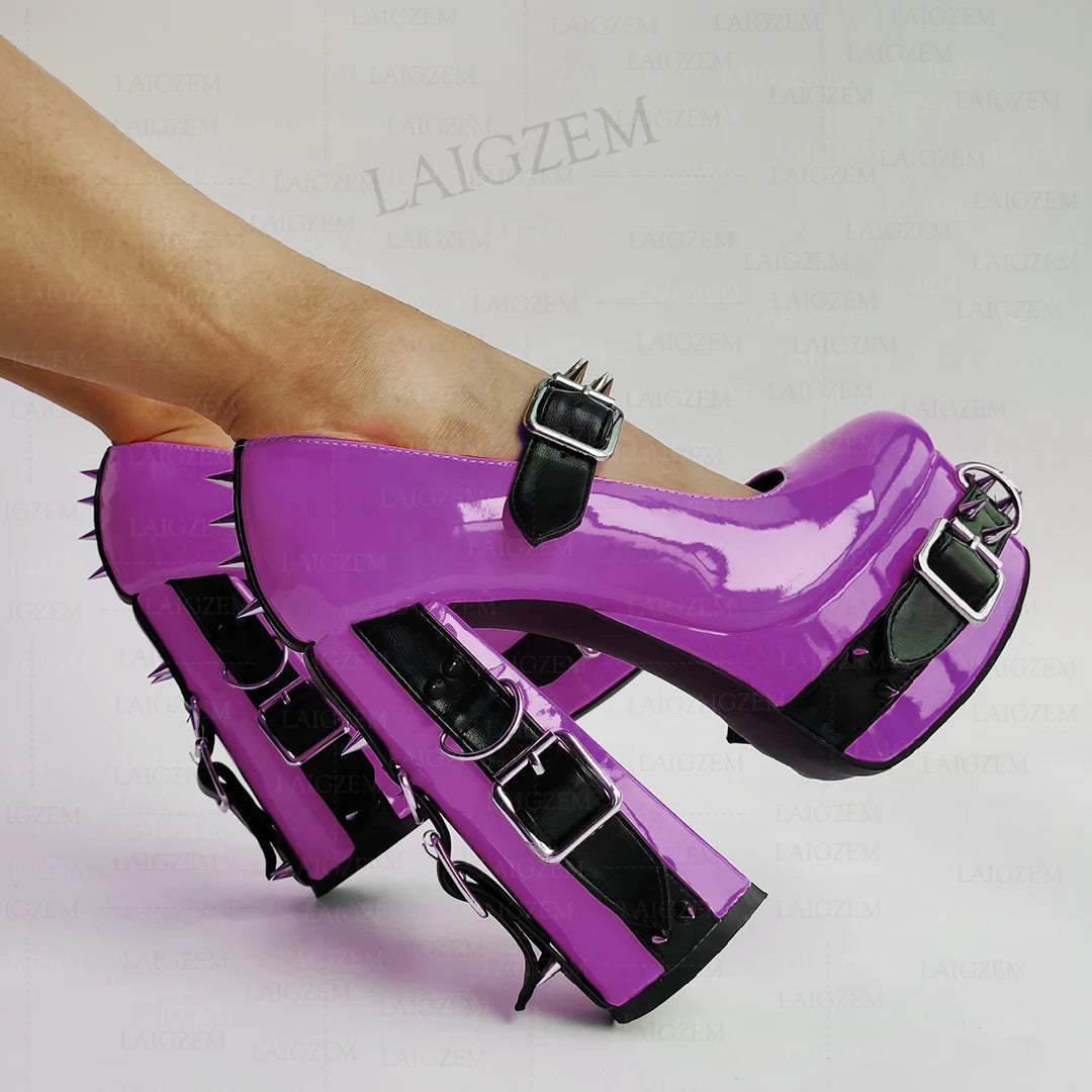 LAIGZEM Women Pumps Punk Rivets Patchwork Platform Cosplay Gothic Sandals Handmade Buckle Straps Shoes Woman Big Size 39 43 52