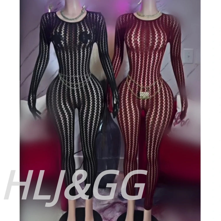 HLJ&GG Sexy Mesh Stretchy See Though Bodycon Jumpsuits Women Round Neck Long Sleeve Slim Playsuits Fashion Print Overalls 2025