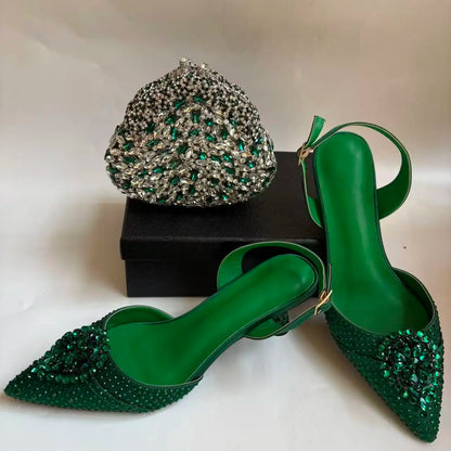 Insightlink Green Crystal High Heel with Bag Set for Bridal Wedding Party Designer Pointed Toe and Clutch Luxury Sandal Handbag
