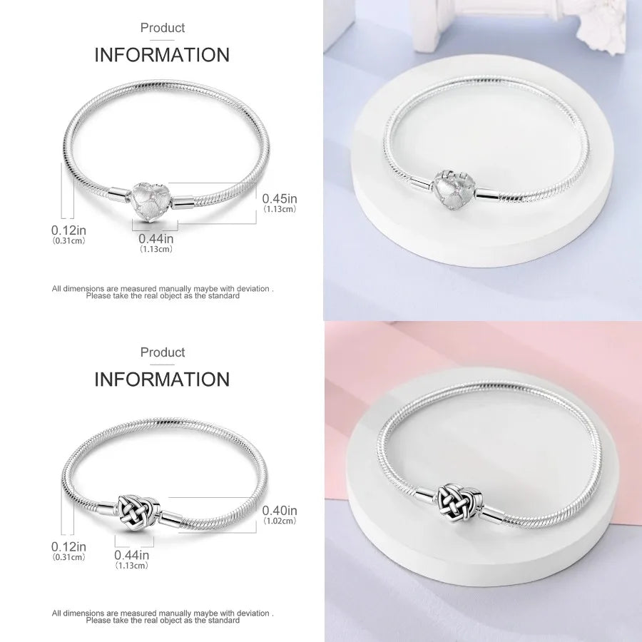 Silver 925 Bracelet Original Bracelets Colorful Zircon Heart Flower Cat Snake Chain For DIY Charms 17-20CM Luxury Jewelry Gifts