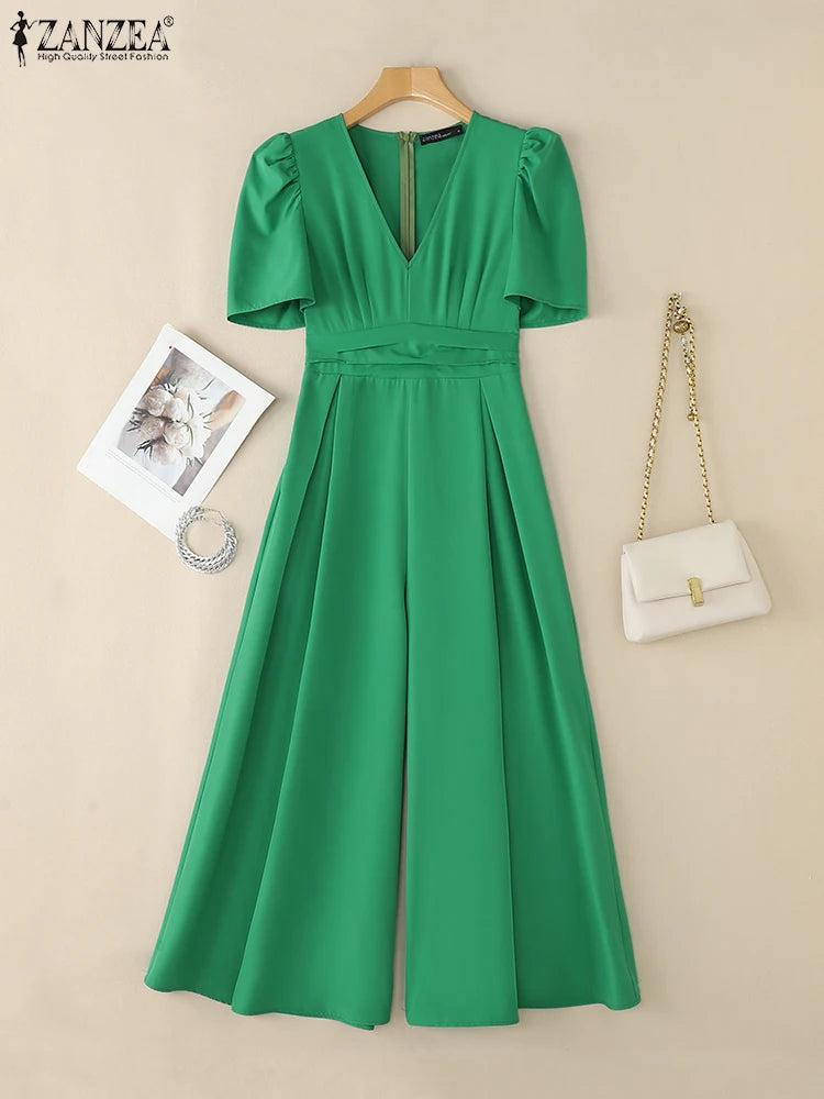ZANZEA Elegant Office Jumpsuits Women Overalls 2025 Fashion Casual Loose Short Sleeve Playsuits Solid Color Wide Leg Jumpsuits