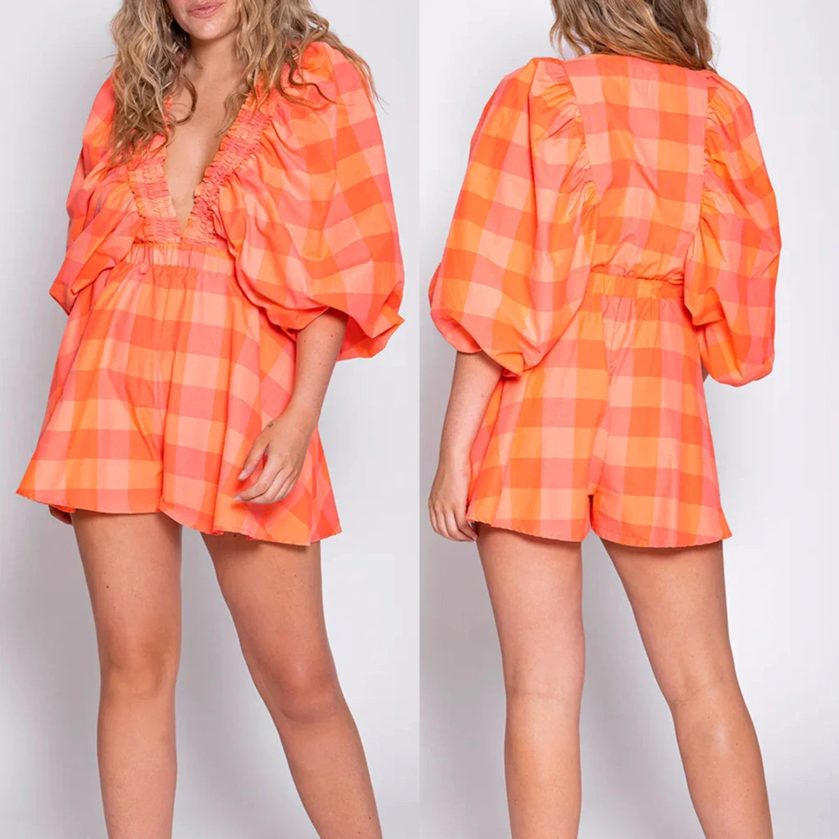 Combhasaki Womens Y2K Deep V-Neck Rompers Solid Color/Plaid Bubble Puff Sleeve Summer High Waist Short Flare Jumpsuits Playsuits