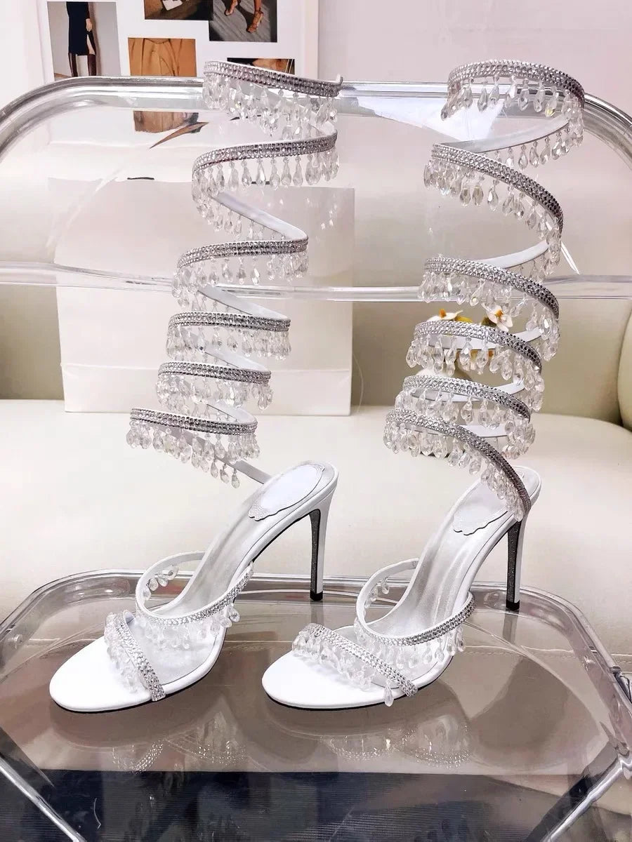 2026Women's New Water Diamond Sandals Fashion Tassel Crystal Shoes Sexy Banquet Party Twin Stiletto Women's Large Sandals