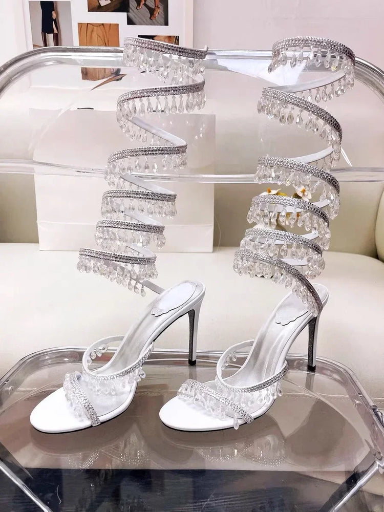 2026Women's New Water Diamond Sandals Fashion Tassel Crystal Shoes Sexy Banquet Party Twin Stiletto Women's Large Sandals