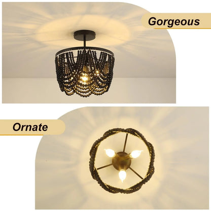 Black French Country Chandelier Large Hanging Lights Dia60 H65cm Living Room Boho Wood Bead Chandelier For Bedroom Dining Room