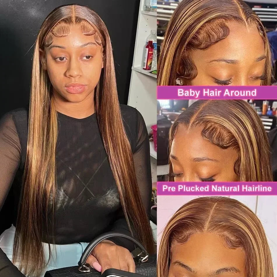 4/27Highlight Straight Lace Front Wig Human Hair 13x6 Lace Frontal Wigs Brazilian Honey Blonde Colored Wigs Remy 100% Human Hair