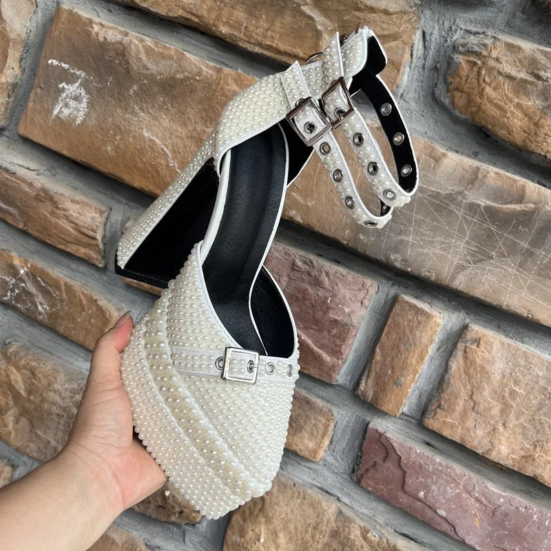 2026 Women's Shoes 14cm Thick Heel Pointed Sandals 35-41 High Heel Waterproof Platform Woman Shoes Wedding Dress Luxury Pearl