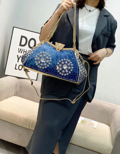 Denim Rhinestones Women Handbag Clutch Bag For Evening Party Chic Butterfly Decoration Ladies Denim  Shoulder Bag