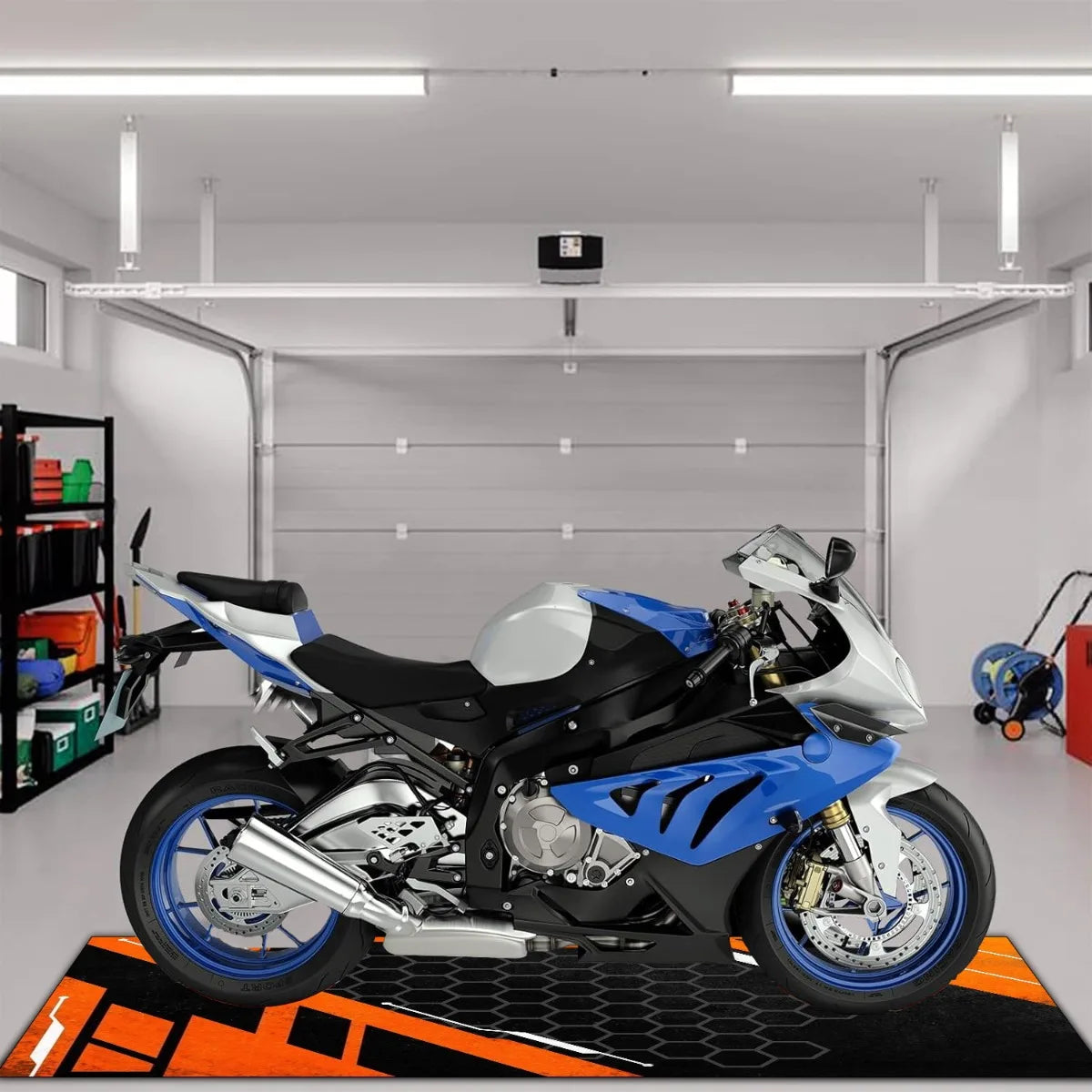 VIKAMA Black Orange Motorcycle Mat Sporty Style Biker Rug Racing Carpet Non-Slip Modern Home Decor Floor Mat for Garage
