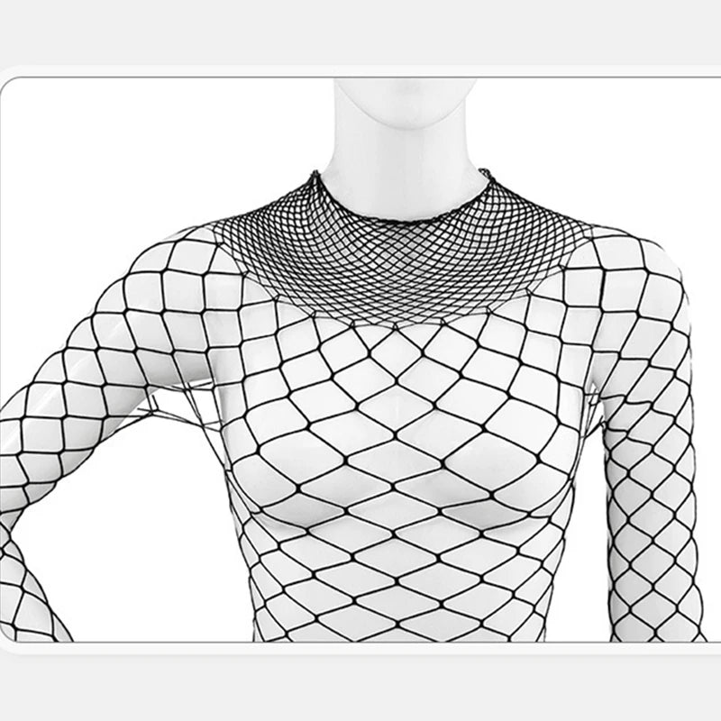 High Neck Fishnet Hollow Bodysuits For Women Sexy Long Sleeve Crotchless Jumpsuits Erotic Outfits Mesh See Through Teddy Rompers