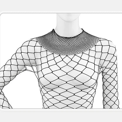 High Neck Fishnet Hollow Bodysuits For Women Sexy Long Sleeve Crotchless Jumpsuits Erotic Outfits Mesh See Through Teddy Rompers