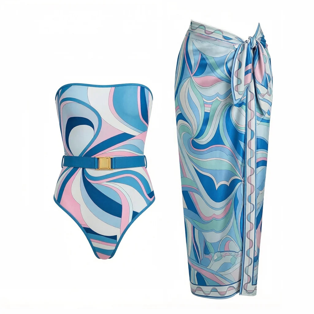 2026 New Long Sleeve Vintage Print One Piece Swimwear Zipper Women Bathing Suit And Wrap Skirt Surfing Swim Suit Beachwear